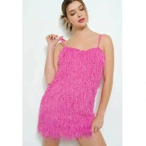 Ina Pink Faux Feather Spaghetti Strap Mini Dress w/ Silver Metallic Highlights L